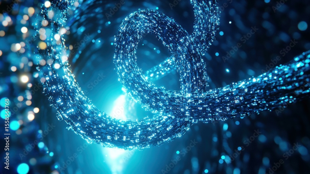 Poster abstract glowing blue data stream forming rings in digital space
