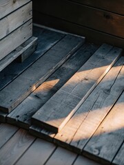 Weathered wooden planks on a rustic hardwood floor with a warm golden glow