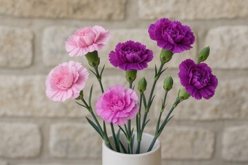 Close-up of pink and purple carnations in a vase against a stone wall backdrop