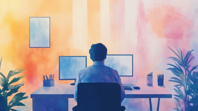 Man working on computer in serene home office during daytime