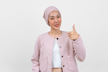 Happy asian women cancer patient wearing headscarf smiling and thinking positive about cancer...
