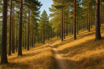 Fototapeta premium Autumnal woodland scenery featuring a mountain hillside covered in dry grass within a protected natural area