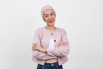 Happy asian women cancer patient wearing headscarf smiling and thinking positive about cancer...