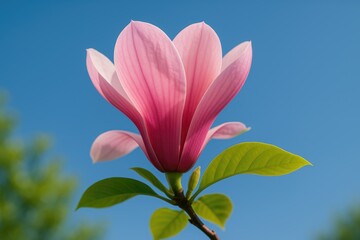 Fototapeta premium Vibrant pink magnolia bloom under a clear blue sky in springtime
