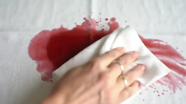 Hand wipes red spill on cloth