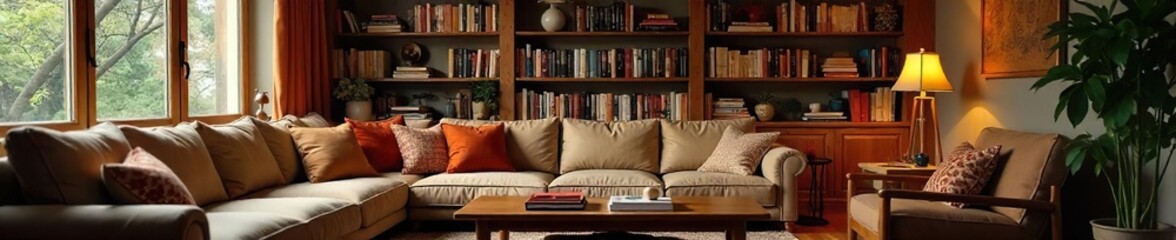 Cozy Living Room Warm Lighting, Comfortable Furniture, Perfect for Relaxation and Family Time