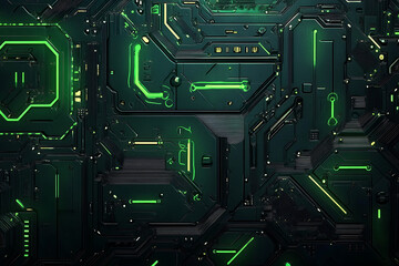 Fototapeta premium Abstract green and black circuit board design with glowing elements showcasing technology