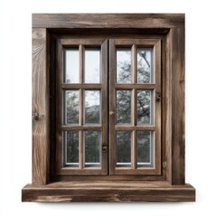 Brown Wooden Window Frame with Glass Panes Isolated