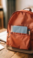 Colorful red school backpack with blue front pocket containing pencils on a wooden desk