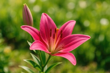 Garden scene featuring a vibrant pink Asiatic lily flower