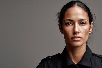 Fototapeta premium portrait of police officer with neutral expression on light gray background positioned on right side of frame