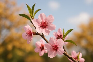 Obraz premium Autumn scene showcasing a pink peach flower on a tree branch