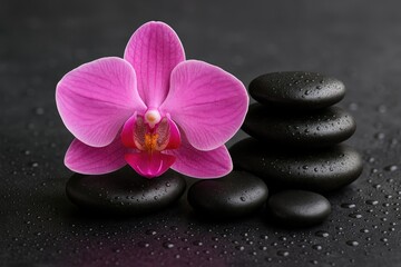 Pink orchid alongside healing crystals