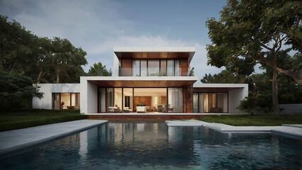 Fototapeta premium Modern house 3d render. Minimalistic design of a house. Created using generative AI tools