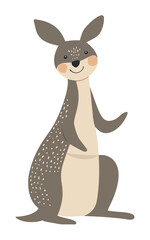 Cute minimalist vector of a smiling grey-brown kangaroo with long ears and tail in a flat design style. Perfect for children’s décor, nursery prints, Aussie wildlife themes, greeting cards