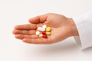 Hand holding medication capsules on a plain white background