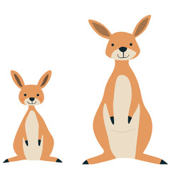 Flat minimal vector illustration of two smiling kangaroos—adult and joey—in warm orange and cream tones. Playful and modern, ideal for children’s décor, nursery prints, greeting cards, stickers