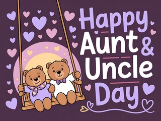 Two cartoon bears on a swing celebrating aunt and uncle day with heart decorations
