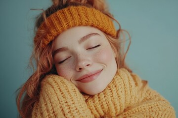 Self-care and self-esteem concept: Happy young beautiful woman hugging herself, isolated on the background., Generative AI