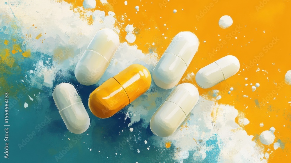 Poster Artistic rendering of capsules on abstract surface during daytime