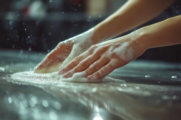 Fototapeta premium Close-up hand of maid cleaning the table during household chores., Generative AI