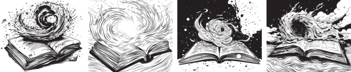 Open Book with Whirlwind Vector Illustration Set.