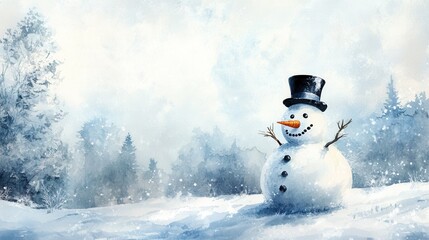 Obraz premium Snowman wearing a hat in a serene winter forest landscape