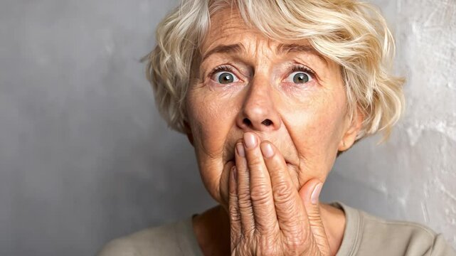 Startled Expression: Close-up captures the moment of a senior with a look of astonishment, eyes wide, her hand covering her mouth in an expression of utter disbelief, with a greyish background.
