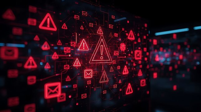Red alert symbols and email icons floating in a dark digital space representing a cyber security threat