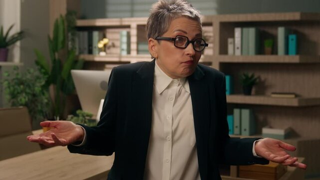 Caucasian puzzled business woman senior businesswoman shrug shoulders working job problem in office clueless company trouble unsure spread hands confused mature female entrepreneur looking at camera