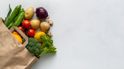 Fresh vegetables scattered out of paper bag on white background, copy space