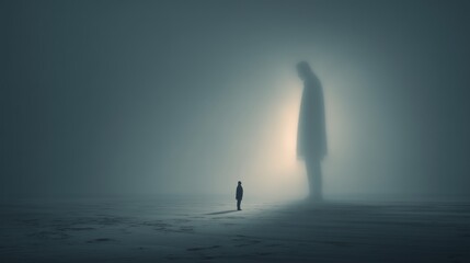 Shadow of a huge spectral figure over a small person on a white canvas, ghostly and atmospheric