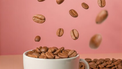 Roasted coffee beans suspended in mid-air against a plain white background