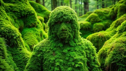 Dense green moss foliage covering a partially hidden figure
