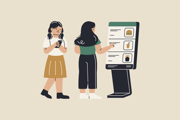Illustration of Customers Ordering Food at Kiosk