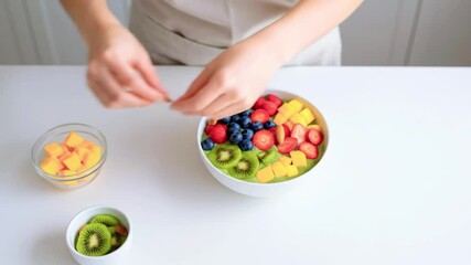 Fresh fruit preparation in a bright kitchen, showcasing vibrant ingredients for a healthy dish