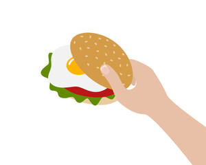 Womens Hand hold Fried Egg Sandwich with greens and vegetables Food or Sandwich Day Greeting design