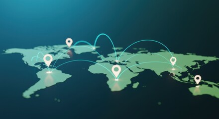 Global connection world map with point of interest and travel line , World map pin connection with global technology futuristic hologram.