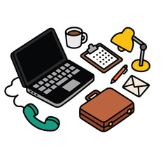 Vector art of office supplies including a laptop coffee calendar and briefcase isolated on white background