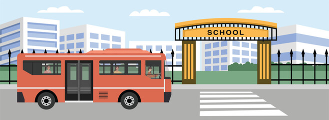 Bus in front of school gate. School fence. School transportation. Bus school. School building. Bus stop landscape. Elementary. College buildings.