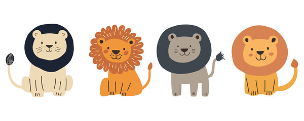 Four minimalist vector lion illustrations in muted beige, orange, grey, and navy tones with simple shapes and friendly expressions. Ideal for children’s décor, nursery prints, safari-themed branding.