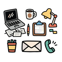 Vector art of a workspace scene with a laptop coffee cup lamp and other office supplies