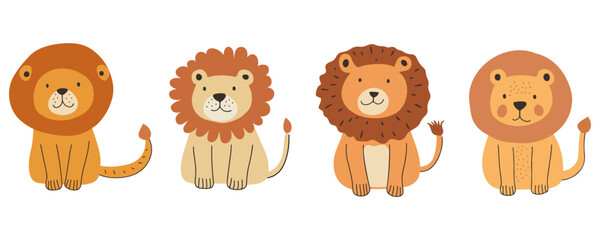 Four minimalist cartoon lion vectors in warm beige, orange, brown, and gray tones with playful shapes and friendly expressions. Perfect for children’s décor, nursery prints, safari branding, web.