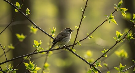 Small Bird Perched on Branch in Springtime Forest