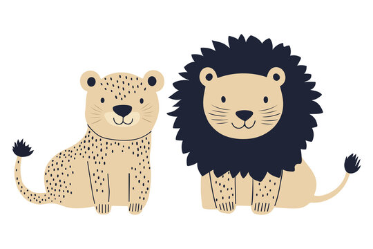 Four minimalist vector lion and cheetah in warm beige, orange, brown, and navy tones with simple shapes and friendly expressions. Ideal for children&rsquo;s d&eacute;cor, safari themes, nursery prints, web.