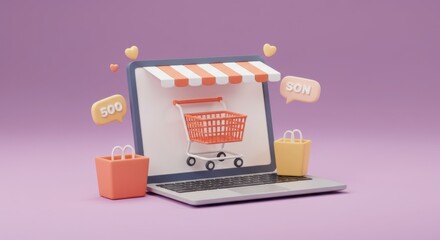 Online Shopping Theme Render on Purple Background, Laptop with Orange and White Awning and Shopping Cart, Rendered Online Shopping Experience
