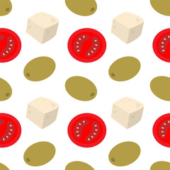 Tomatoes slices Cheese Cubes and olives Seamless Pattern Food Poster Healthy Eating Background idea
