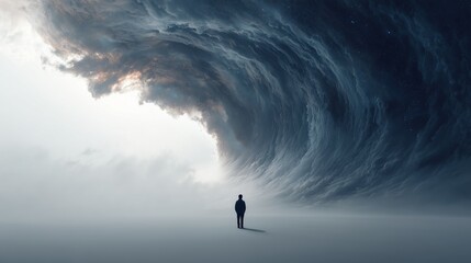 Tiny human gazing up at a towering cosmic entity shadow on a white background, surreal and epic