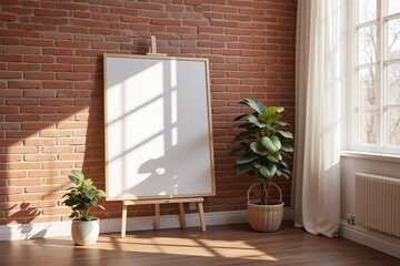 Bright Room with Brick Wall, Blank Canvas Mockup on Easel, and Potted Plants