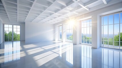 Fototapeta premium Bright empty room with sunlight streaming through large windows